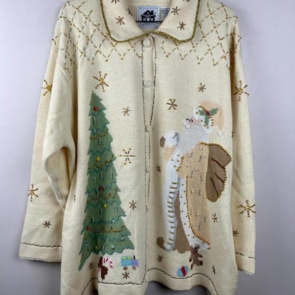 Storybook Knits 2X Christmas Sweater Cardigan Santa Tree Beaded Holiday VTG - Picture 1 of 8